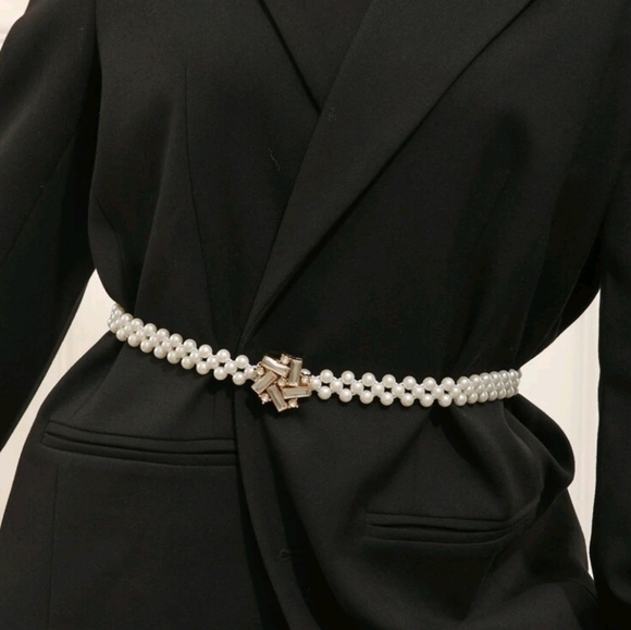 Faux white pearl beaded rhinestone wedding elastic stretch waist statement belt - Picture 5 of 7